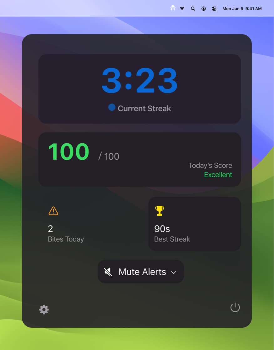Nail Snitch menu bar popover showing a 3:23 Current Streak, Today's Score of 100 (Excellent), 2 Bites Today, 90-second Best Streak, and a Mute Alerts button